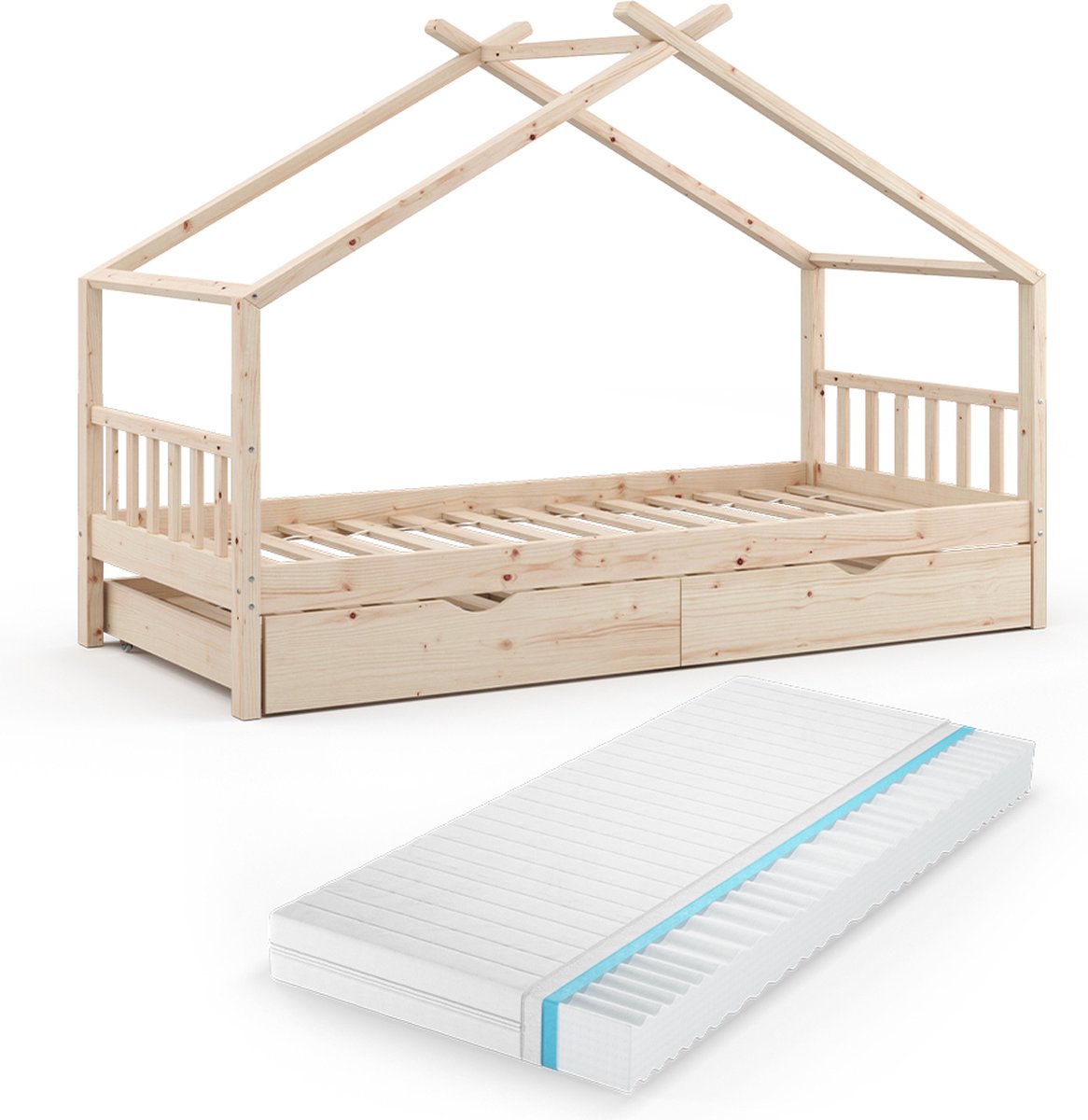 vitalispa Design Huisbed – 90x200 cm met logeerbed en matras Natuurlijk hout