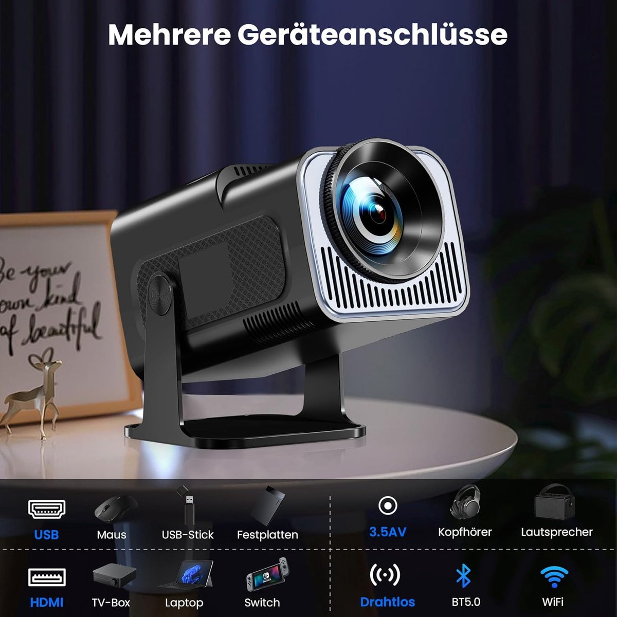 HY320 Mini Portable Projector, Mini Projector 4K, 200 ANSI Smart Projector with Android 11.0, Automatic Keystone Correction, WiFi 6 and Bluetooth 5, 30-130 Screen, 180° Rotatable