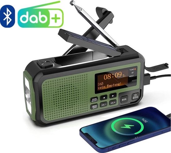 NovaWare® Radio d'urgence à remontage Solar - Banque d'alimentation à énergie solaire avec 5 200 mAh - DAB+/ FM - Pack d'urgence - Haut-parleur Bluetooth - Radio portable - Batterie - Vert