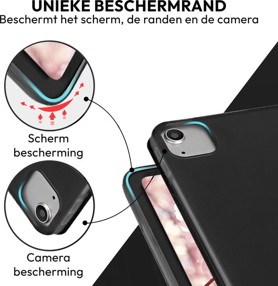 Zwarte hoes met beschermranden voor scherm en camera. Pijl geeft impact absorptie aan.