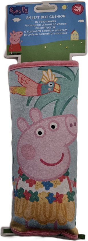 Coussin de ceinture avec Peppa Pig, des palmiers, des fleurs, un perroquet et un crabe.
