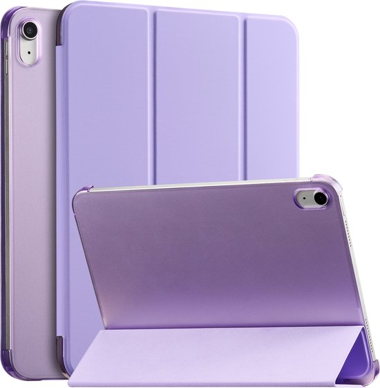 Paarse iPad hoes in verschillende posities, inclusief typestand.