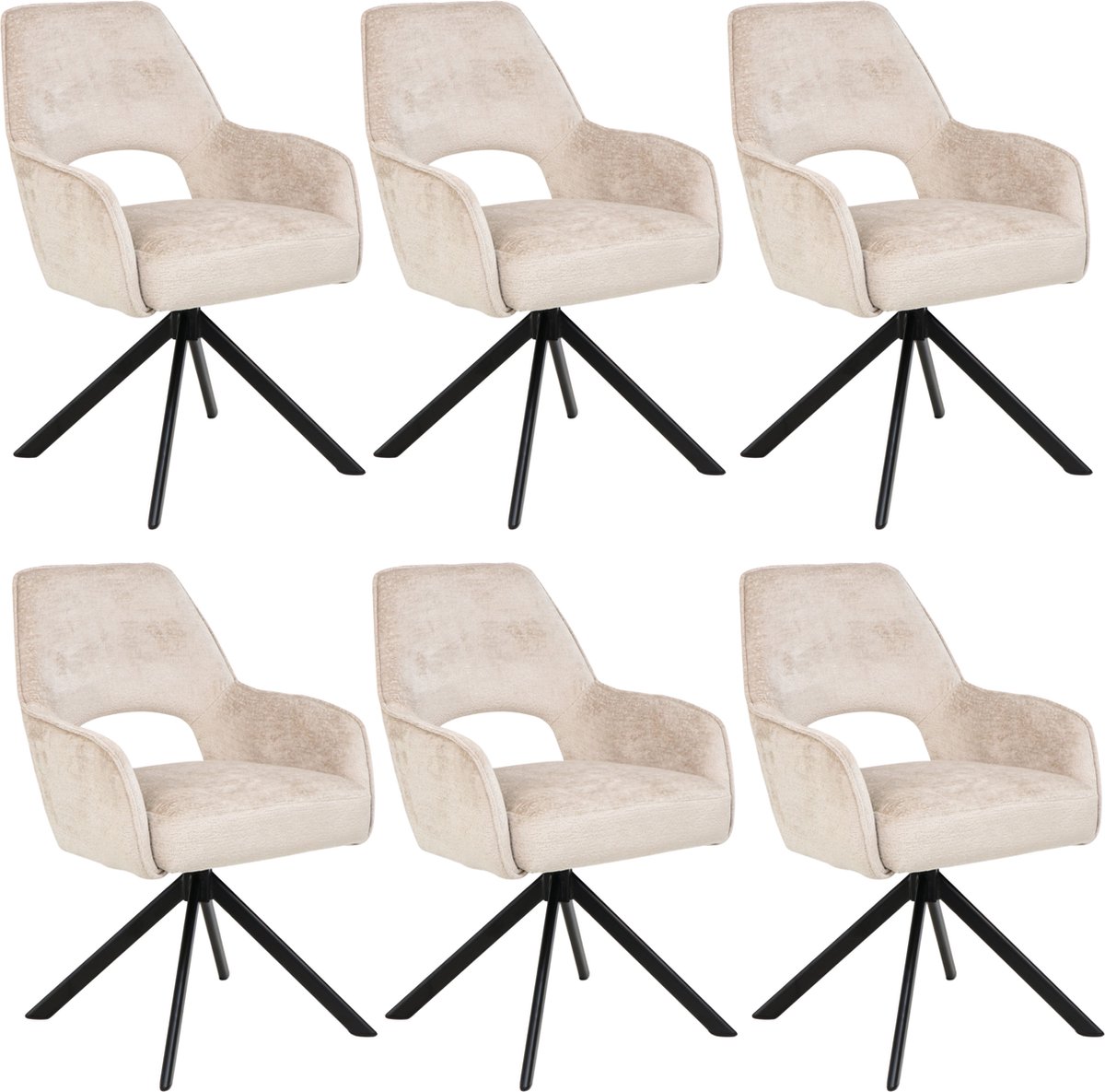 Liam Eetkamerstoel - Licht Taupe - Chenille Stof - Set Van 6 - Industrieel Design - Stijlvol en Comfortabel - Metalen Poten