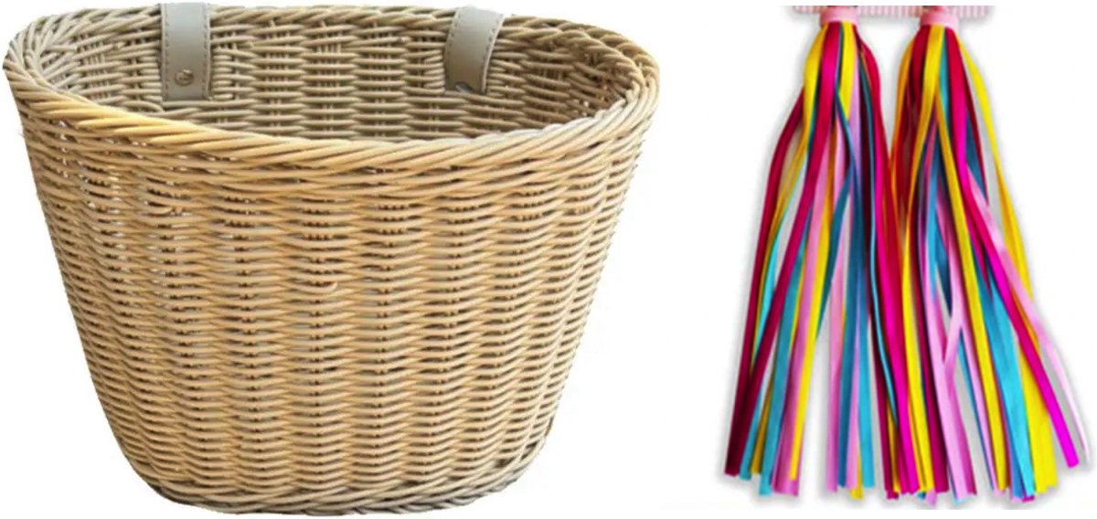 Mandje kinderfiets loopfiets - gevlochten kunststof rotan riet - verstelbare bandjes beige + stuurslingers