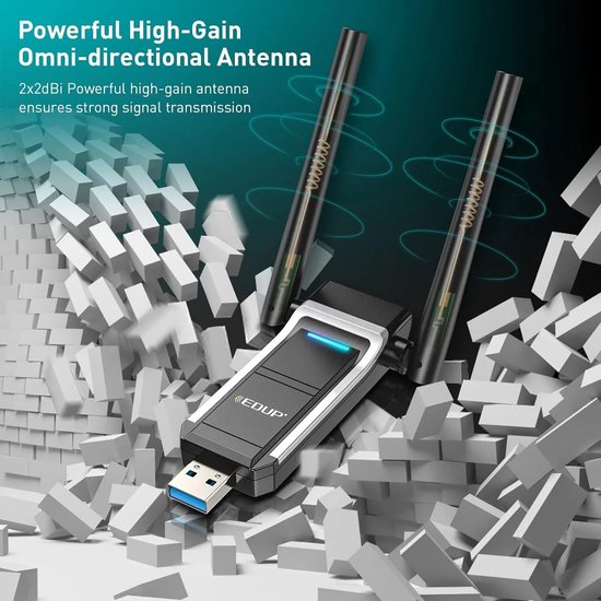 Zwarte USB WiFi-adapter met twee krachtige antennes, omringd door gebroken witte blokken. Toont 'Powerful High-Gain Omni-directional Antenna'.