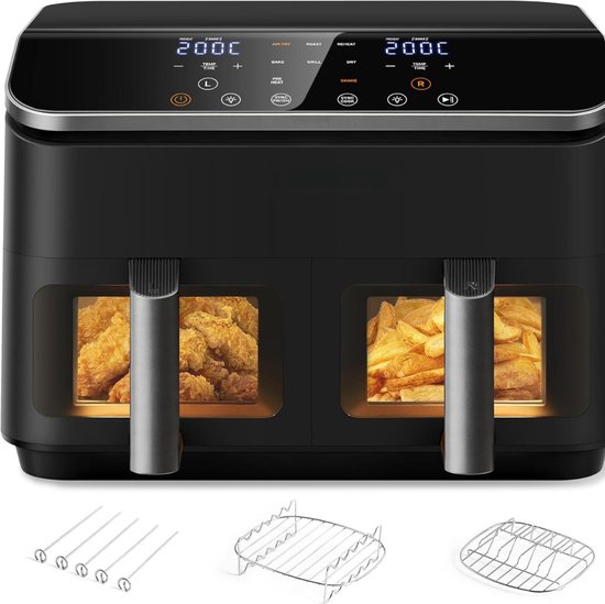 Linsar Dual Zone Heteluchtfriteuse met dubbele kamer, 8 liter, Air Fryer, 2 manden met kijkvenster, touchscreen, 9 voorinstellingen - 3000W