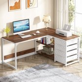 Bol.com Tribesigns Bureau - Hoekbureau met 4 Laden - 150 x 110 x 75cm - Wit / Okkernoot - Bureau met Legplanken aanbieding