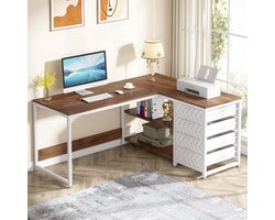 Tribesigns Bureau - Hoekbureau met 4 Laden - 150 x 110 x 75cm - Wit / Okkernoot - Bureau met Legplanken