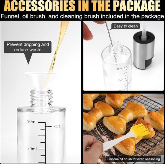 Oliefles voor keuken, 100 ml, olieverstuiver, koken met weegschaal, glas en roestvrij staal, sproeidispenser voor friteuse, grill