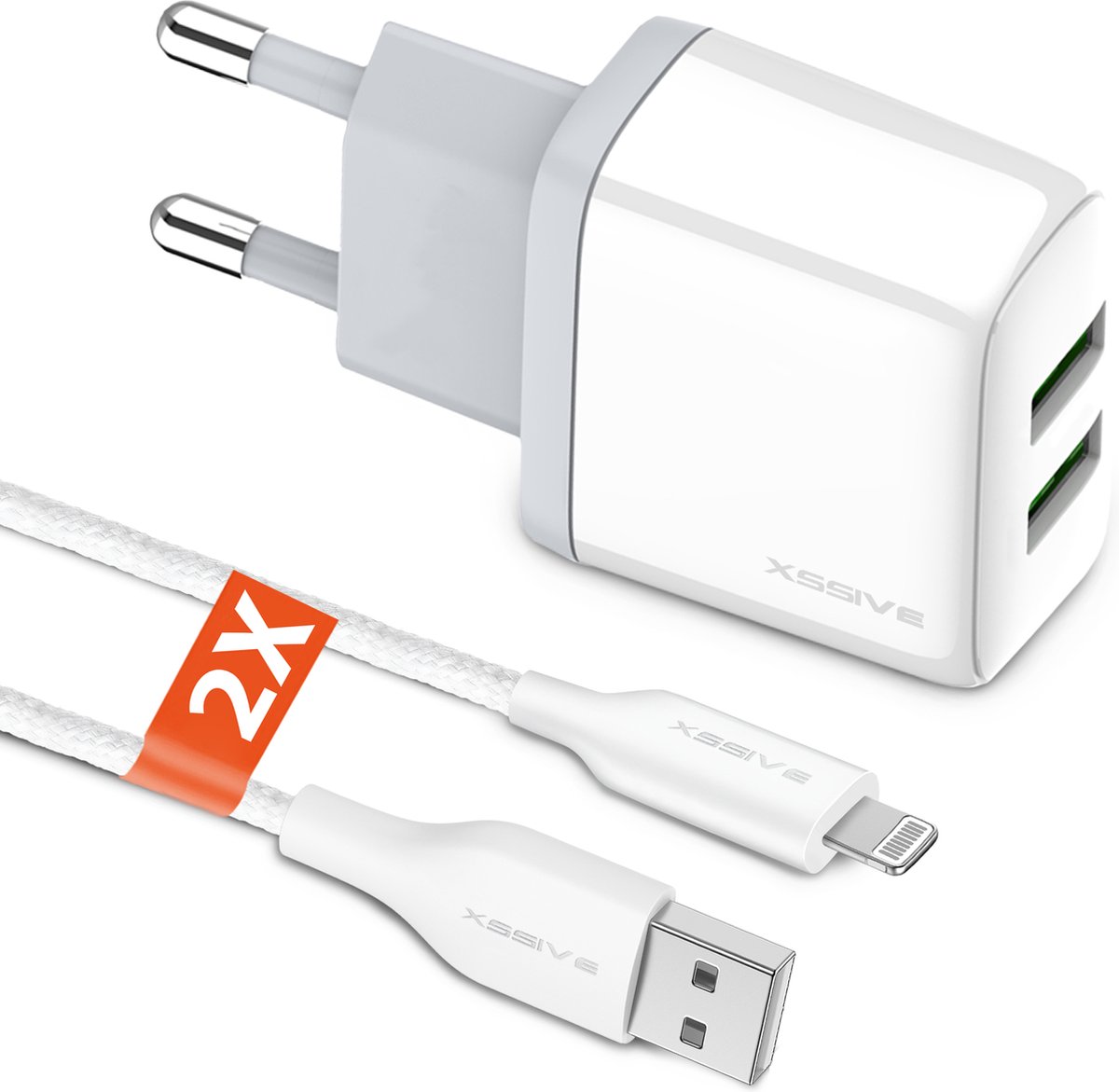 USB Lader 2 Poorten met 2x geschikt voor iPhone Oplader Kabels - 1 Meter