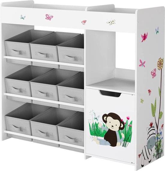 Kinderspeelgoedopbergruimte, organizer voor kinderspeelgoed, organizer met 9 niet-geweven stoffen bak, grote boekenplank rek kast voor kinderkamer, kleuterschool, speelkamer, wit HMTM-H-MD-070