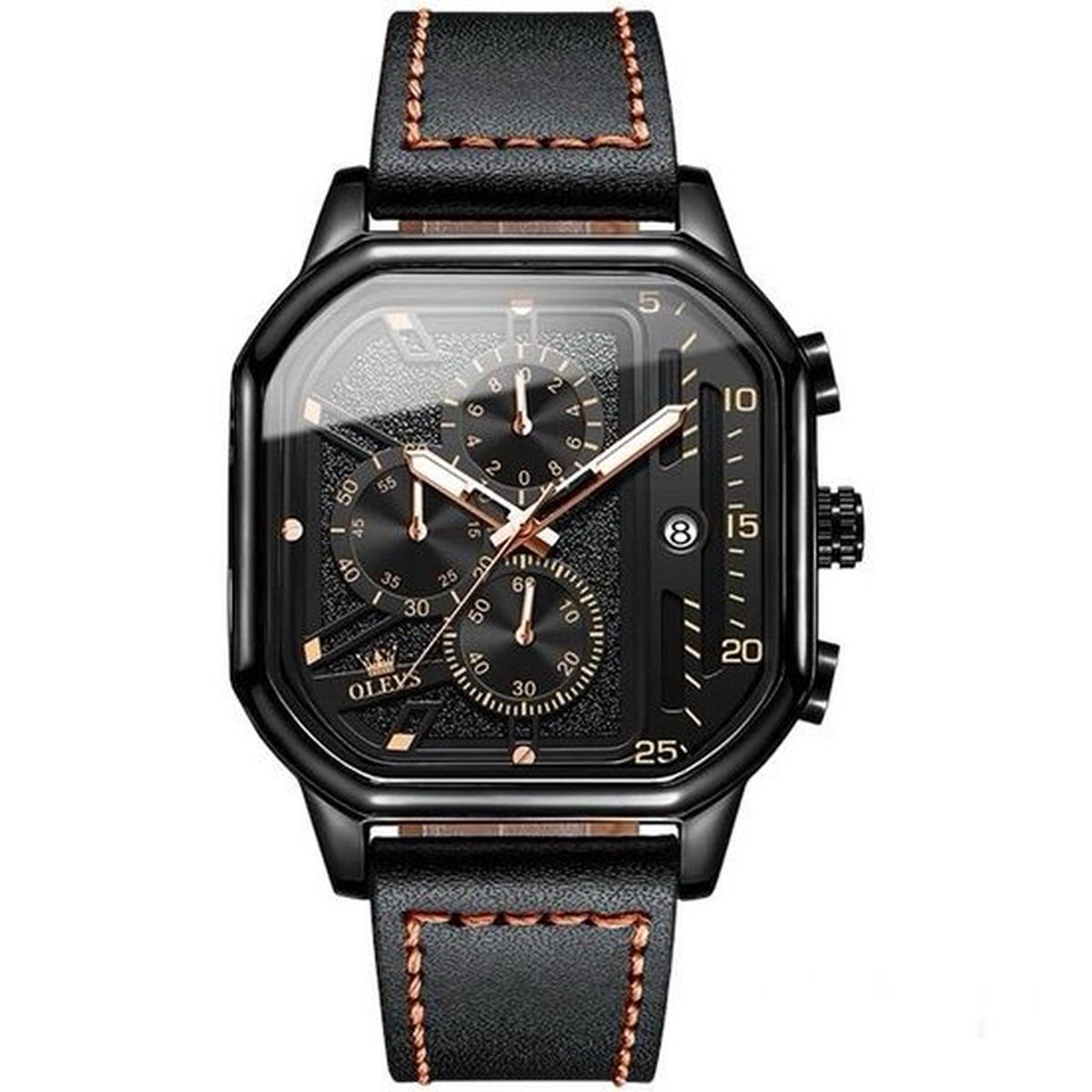 Olevs - Heren Horloge - Lederen Band - Polshorloge - Heren - Cadeau - Horloge - Geschenkdoos - Mannen - Rosé Zwart- Polsband Zwart