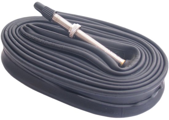 Zwarte, opgerolde binnenband met zilverkleurige Presta ventielsteel en ventieldop.