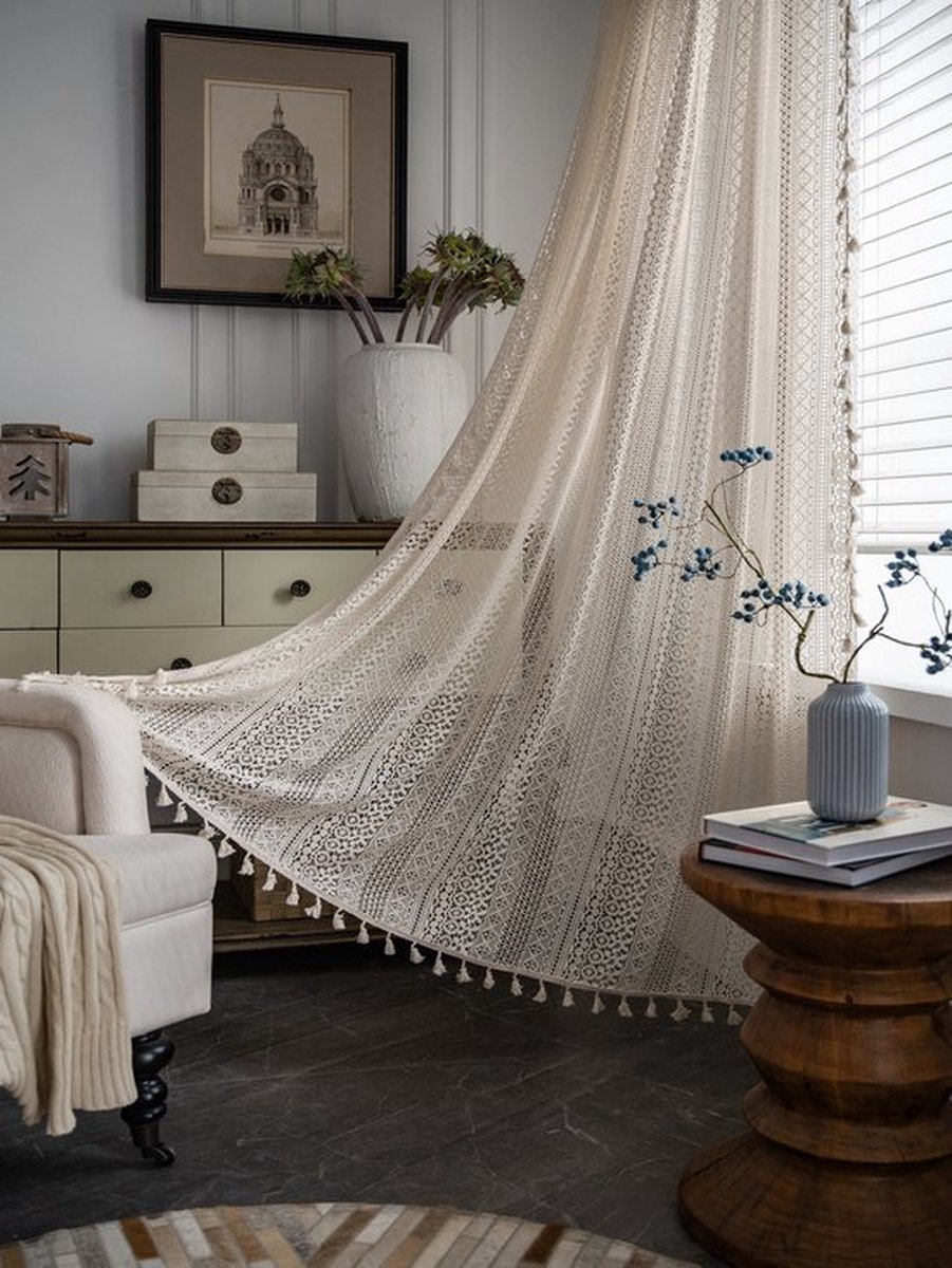Floraweg Boho gordijnen voor woonkamer vintage kwastje haak kanten gordijnen panelen voor slaapkamer raam boerderij retro holle pure gordijnen, 59 "w × 86" l （150 cm x220cm））-gebroken wit Beige