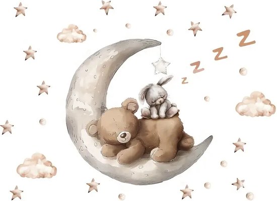 Muursticker Ours endormi et Lapin sur Lune - 68x50cm - Chambre de bébé - Chambre enfant - PVC autocollant - garçon - fille - aquarelle