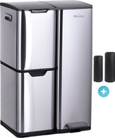 Bol.com Rilenta® 60 Liter Afvalscheidingsprullenbak - Met 3 vakken (30L - 17L - 13L) - RVS Pedaalemmer - Met 40 Vuilniszakken - ... aanbieding