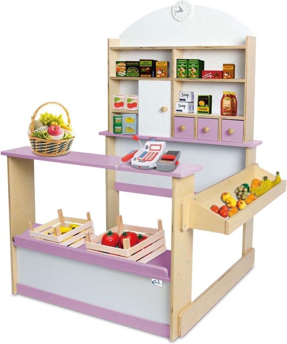 Coemo Lilly Speelgoedwinkel - Kindvriendelijke Houten Speelwinkel met Verkooptoonbank, Laden, Planken en Compleet Doe-Het-Zelf-Pakket voor Creatief Rollenspel (roze)