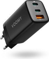 Voomy USB C Adapter - 65W Snellader - 2 USB C & 1 USB A Poort - Oplader Universeel voor Laptop, telefoon, tablets en meer - USB C Lader - Zwart