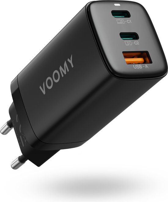 Voomy USB C Adapter 65W - Oplader - Snellader - USB C Lader - Universeel - 2 USB C & 1 USB A Poort - Geschikt voor Laptop, telefoon, tablets en meer - Zwart