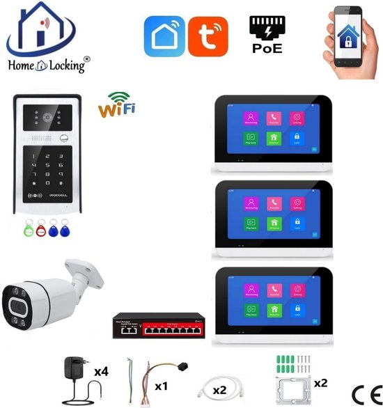 Smart WIFI deur intercom/videofoon touchscreen met bediening via Smart Life APP werkt met Alexa en Google spraaksturing. T-2303-1-3+C
