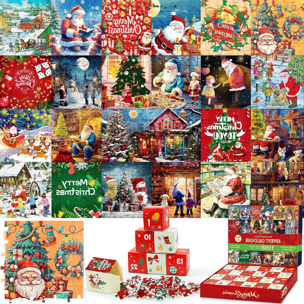 Kerst Adventskalender puzzel met 1008 stukjes en 24 vakjes voor aftellen naar Kerst.