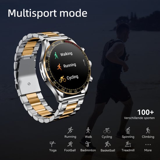 Maoo Titan AMOLED Smartwatch Heren - Special Edition - Stainless Steel en 2 TPU bandjes - Stappenteller - Hartslagmeter - Slaapmonitor - Multisport - Geschikt voor Android en iOS - Zilver en Goud
