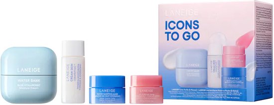 Laneige Icons to Go set met een blauwe vochtinbrengende crème, mini lip sleeping mask, mini water sleeping mask en toner.