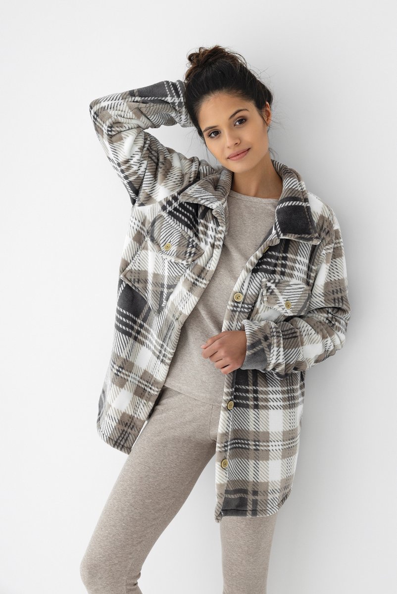 Sensis Warme Dames Cardigan Hemd Badjas Wit Bruin Milou L/XL
