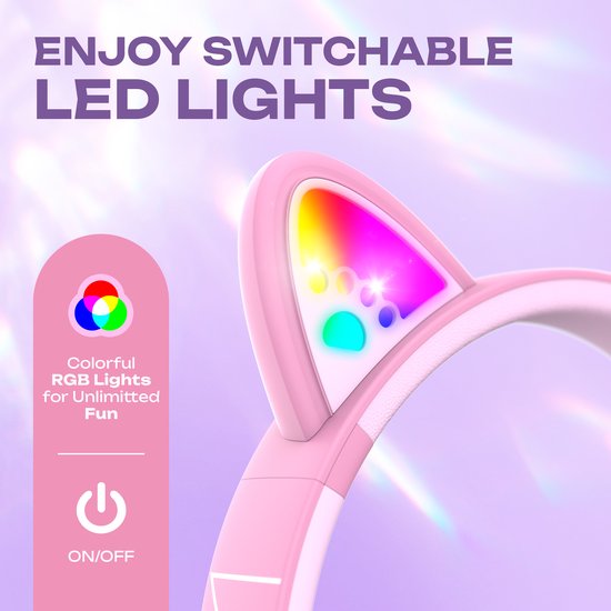 PowerLocus Bobo - Draadloze Koptelefoon voor Kinderen - Bluetooth koptelefoon - 74/85/94dB Volumebegrenzing - Katten Oortjes - Led Verlichting - Roze