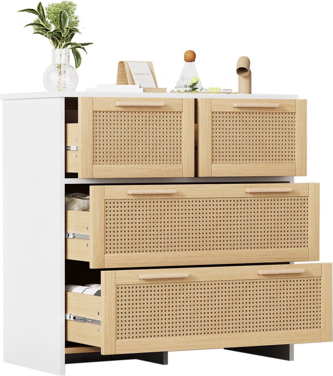 Merax Ladekast met 4 Rattan Lades – Dressoir 80x80 cm – Opbergkast in Wit met Hout Bruin – Scandinavisch Design – Rotan en Houten Grepen