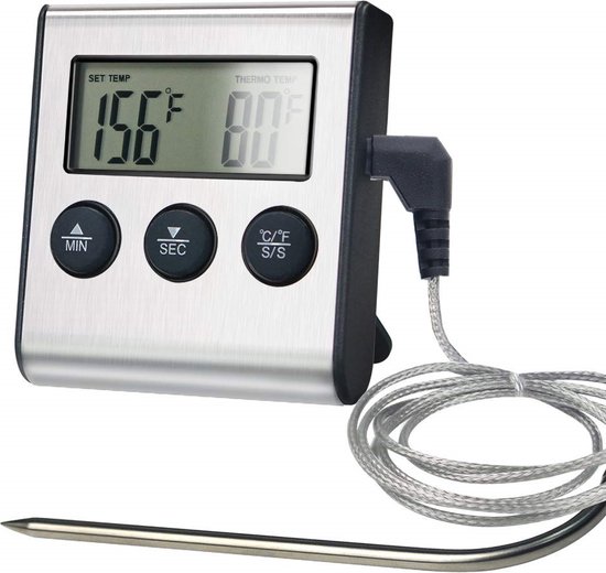 Vleesthermometer - Keukenthermometer - RVS - Digitaal - BBQ Thermometer - Met timer - Magnetisch - Thermometer ook geschikt als voor Vlees, BBQ, Oven