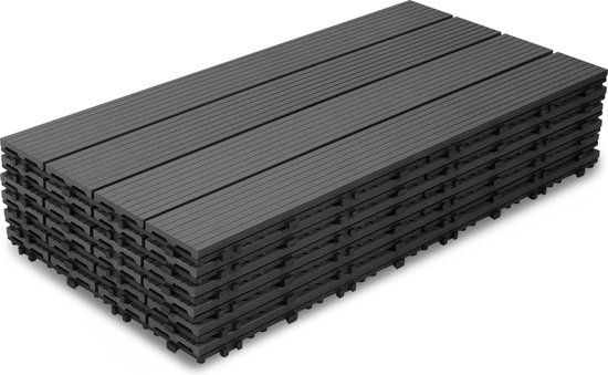 YRHome WPC-terrastegels, WPC-tegels, 30 x 30 cm, houtlook, kliktegels, 2 m², balkontegels, kliksysteem, terrasplanken, kliktegels, kunststof vloertegel met drainage, antraciet (type B