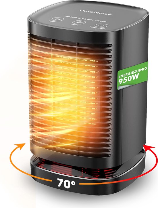 Travelhawk Elektrische Verwarming - Keramische Kachel - 3 Standen - 950W Heater - Elektrische Kachel met LED Indicatie - Roterend - Zwart