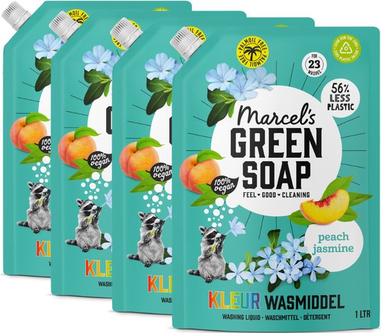 Marcel's Green Soap Kleur Wasmiddel Navulling - Perzik & Jasmijn - 4 x 1L - 92 wasbeurten