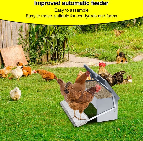MUALROUS Automatische kippenvoederautomaat met deksel 55 lbs - Grote voederbak voor kippen - Geen afval - Roestvrij staal - Regendicht - Voor kippen, eenden, gevogelte
