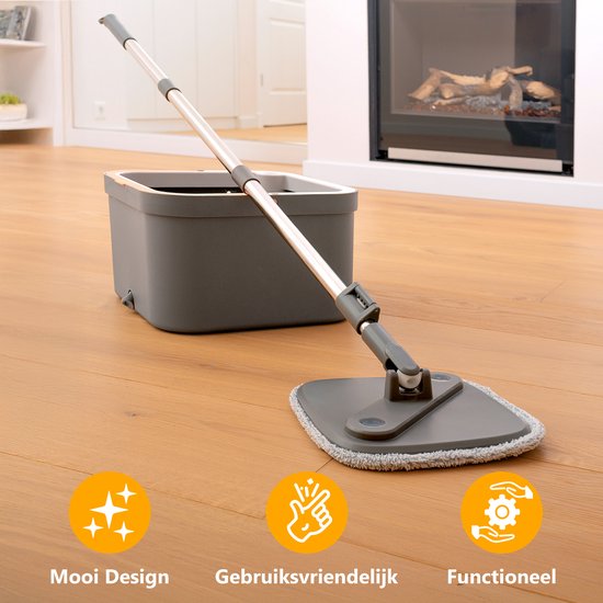 Myiosus Spin Mop en Emmers Sets, Floor Mop Emmer met Voet Pedaal Wringer & 5 Mircofibre Pads, 128cm Telescopisch handvat, Spinning Mops voor het reinigen van hardhouten laminaatvloeren