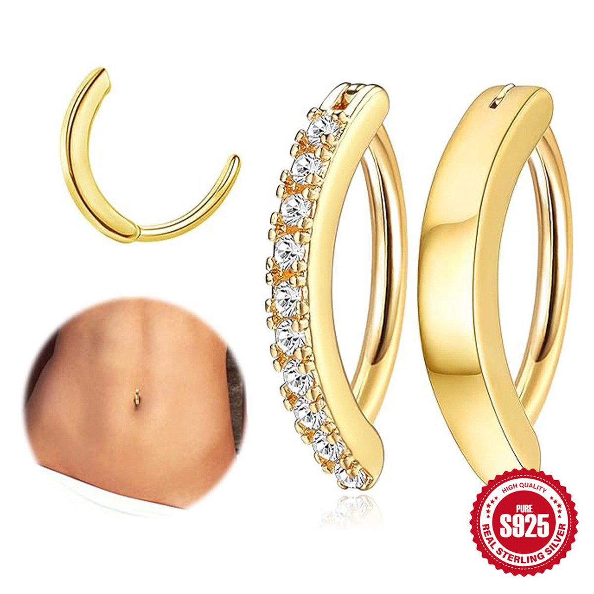 Helin life navelpiercing-zilver 925 -verschillende vormen- Goudkleurig met Zirkonia Diamantjes -Geschenkdoos -2stuks