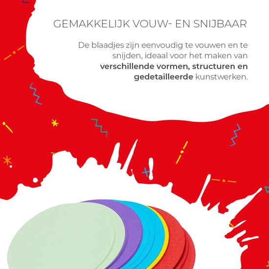 Rode spatten met confetti en een stapel ronde, gekleurde vellen papier (groen, paars, blauw, geel, rood). Makkelijk vouw- en snijbaar.