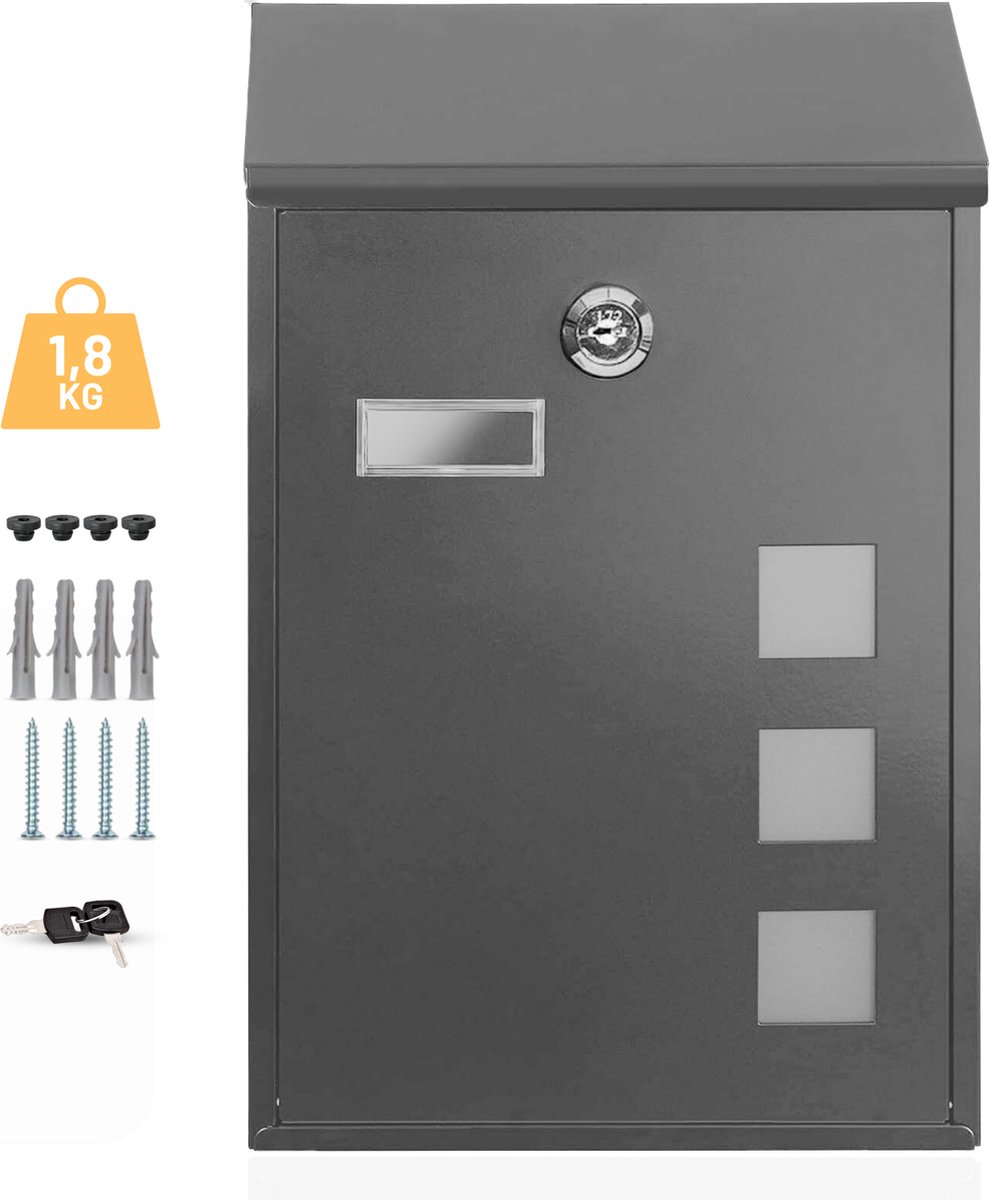 CoolFule Brievenbus Premium - Wandbrievenbus - Antraciet - met 3 Kijkvensters