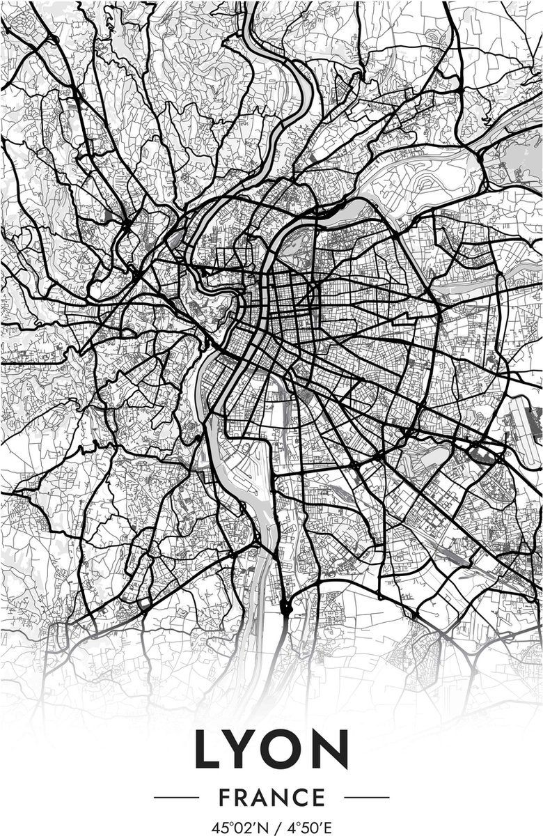Lyon Poster - Frankrijk - Wit - Stad - Kaart - Map - Lyon Kaart - Lyon Map - Lyon Stad - Map - City Map - posters - formaat 60x90cm - Wanddecoratie - 4814