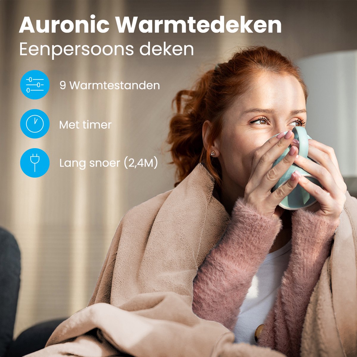 Afbeelding 2 van Auronic Elektrische Deken - Warmtedeken - 9 Warmtestanden - 1 Persoons - 160x120cm - Verwarmingsdeken - Lichtbruin
