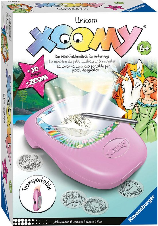 Roze Xoomy midi Unicorn tekentafel met +30 designs en Zoom functie, verpakt in doos.