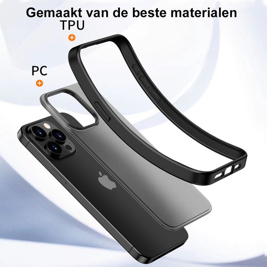 Coque noir mat transparente pour iPhone 15 Pro, montrée en deux parties, fabriquée en TPU et PC.