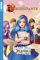 Een groep tieners met heldere, blauwe haren, paarse haren, blonde haren en zilverkleurige haren die paperassen vasthouden. De hoofdpersoon draagt een blauwe jurk en een tiara.