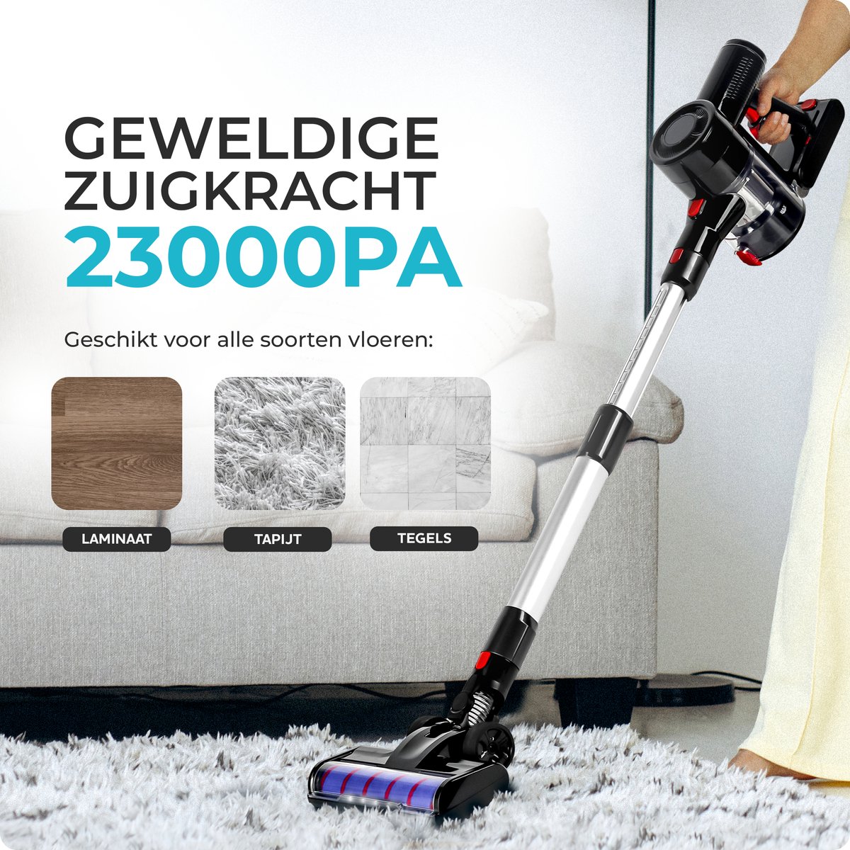 Nicon Draadloze Steelstofzuiger – 23 kPa – 50 min Accuduur – 3 Zuigniveaus – Zakloos – LED Display – foto 6