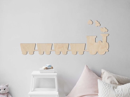 HOUTEN WANDDECORATIE / WOODEN WALL DECORATION - MUURDECORATIE VOOR KINDERKAMER / WALL ART FOR KIDS ROOM - TREINTJE EN WAGON / TRAINS - 103 x 25cm - LICHT HOUT / NATURAL WOOD - WANDFIGUUR - BABYKAMER - KIDS - DECO - LOCOMOTIEF