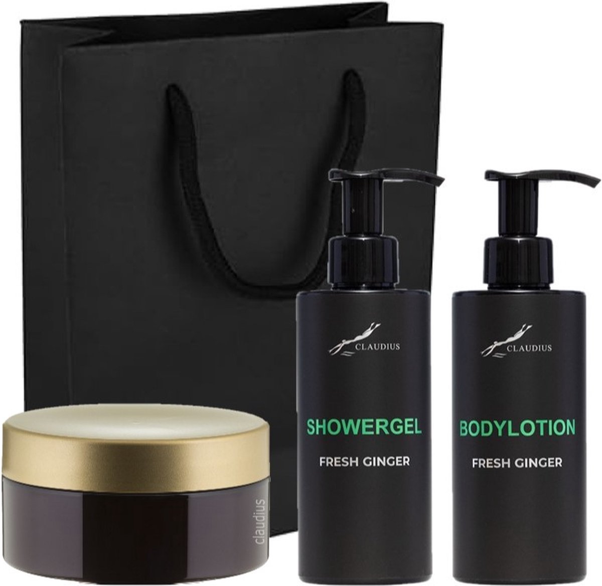 Goedkoopste Douchepakket Fresh Ginger - Showergel Bodylotion Scrubzout 300 gram - 300 ml per fles - set van 3 stuks - met luxe gift tas - kerst cadeau - giftset voor hem en haar