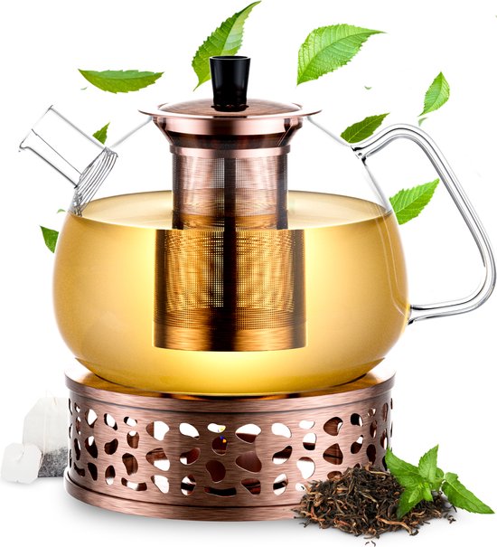 Élithé Theepot Glas Set 1,5 Liter met Filter en Warmhouder - Glazen Teapot voor Losse Thee en Theebloemen - Tea Maker - Theelicht houder voor Theekan met Zeef - Infuser - Warmer - Brons