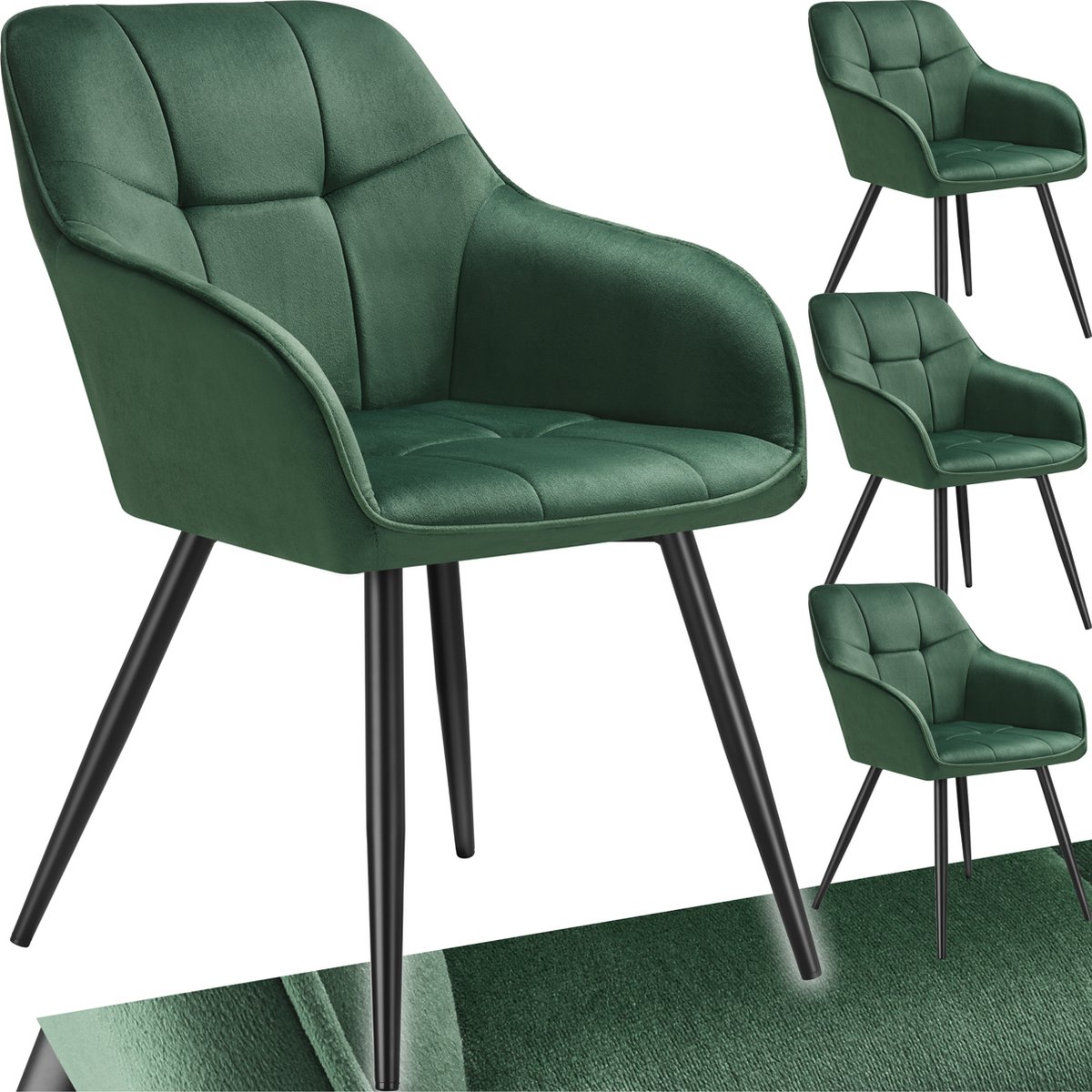 Tectake Eetkamerstoelen Marilyn - Set van 4 - Gestoffeerde Stoel in Fluweellook - Stikpatroon - Zwarte Stoelpoten - Ergonomische Keukenstoel - Doorlopende Rugleuning en Armleuningen - Stoel voor Woonkamer, Eetkamer, Slaapkamer - Donkergroen
