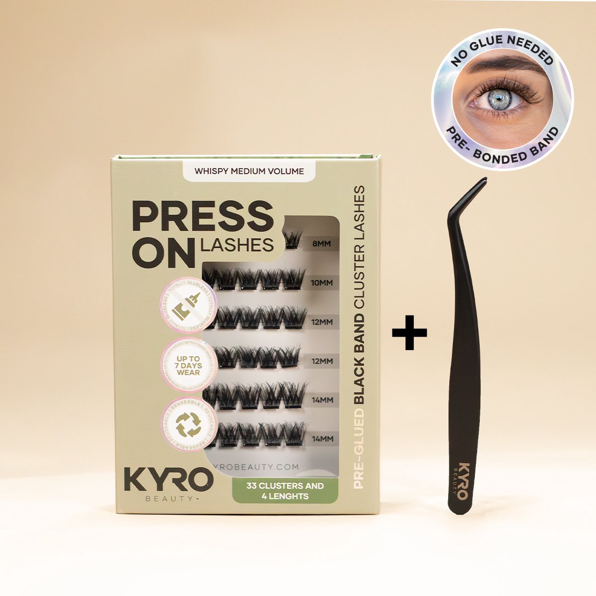 KYRO Beauty - Starterkit DIY Pre-Glued Eyelash Extensions - Do-It-Yourself Wimperextensies - Cluster Wimperextensions - Blijft 5/7 Dagen Zitten - Aanbrengen in 3 Minuten - Makkelijk te Verwijderen - 33 Clusters - Herbruikbaar - Whispy Medium